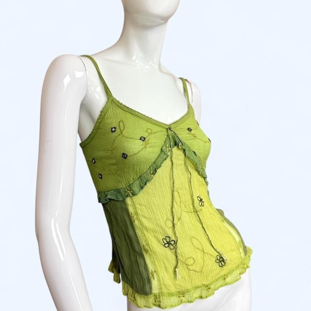 Y2K Patchwork Fairycore Cami Green Gauze Boho Top Womens S M India embroidered